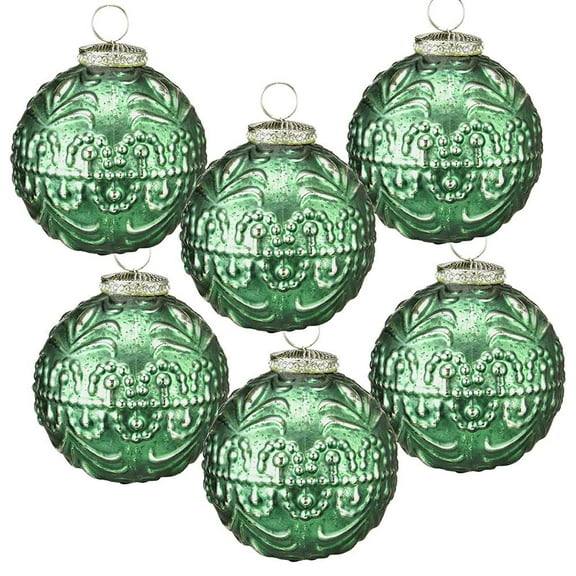 A&B Home Set of 6 Antique Green Textured  Glass Orb Ornaments 3.9" x 3.9" x 4.3"