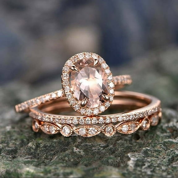 Hitanshu Jewels Oval Cut Peach CZ 14K Rose Gold Plated Wedding Trio Ring Set