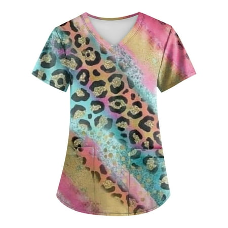 

SENDKEEL Summer Tops Plus Size Retro Leopard Printed Scrub Working Uniform Tops For Women Cross V-Neck Short Sleeve Fun T-Shirts Workwear Tee With Pockets