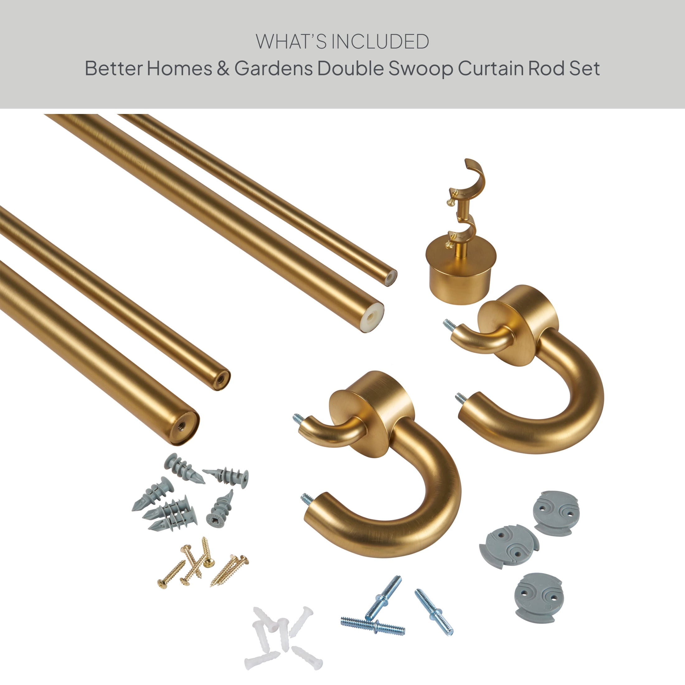 Better Homes & Gardens 1” and 5/8" Brass Swooping Adjustable Double Curtain Rod Set, 32-120”