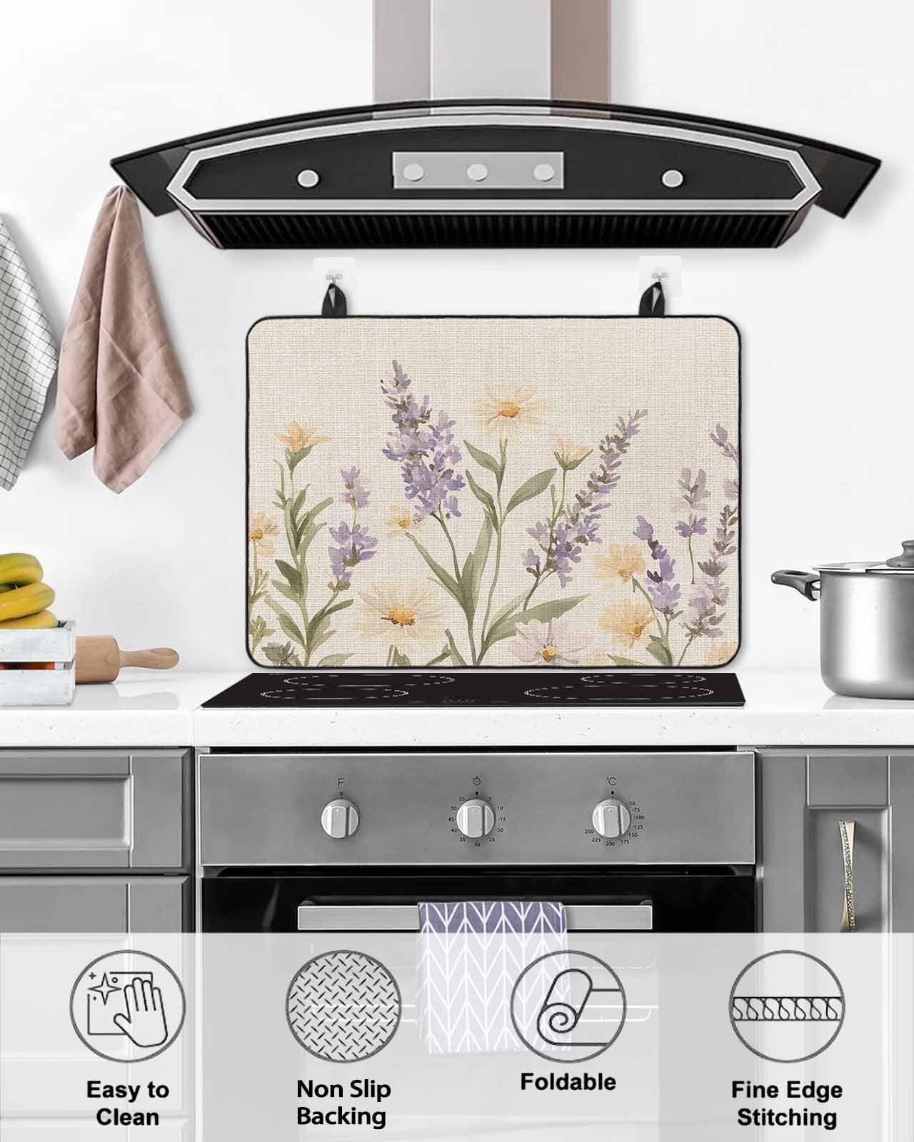 nqOlkjepod Large Induction Cooktop Protector Mat 24"x21", Spring Lavender Stove Top Covers for Electric Stove, Farmhouse Floral Vintage Decorative Stove Burner Cover Mats, Glass Top Stove Cover