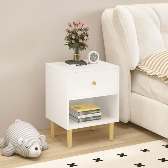 23.22''H Wooden Nightstand with One Drawer One Shelf for Kids, Adults, White