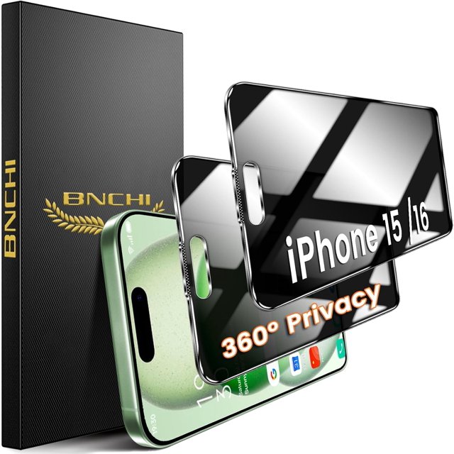 REJODA-2 Pack 4 Way 360° Privacy Screen Protector for iPhone 15/iPhone 16, Horizontal and Vertical All Around Anti-Spy 9H Tempered Glass Film, Scratch Resistant, Zero Bubbles, Face ID Sensitive