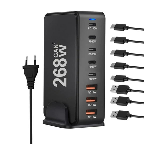 AUBEAMTO USB C Charger, 268W 8-Port Fast USB Charging Station with 5 USB-C   3 USB-A, Portable Multiport USB C Wall Charger for iPhone 15-12 Series, iPad Pro, MacBook, Galaxy, Pixel, Switch, and More