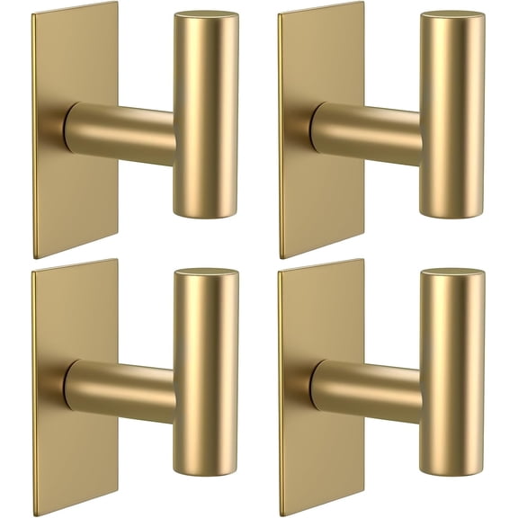 PLERISE Wall Towel Hooks, 4-Pack Heavy Duty Stainless Steel Sticky Holder, Waterproof Hooks for Hanging Coats, Clothes, and Towels, Gold