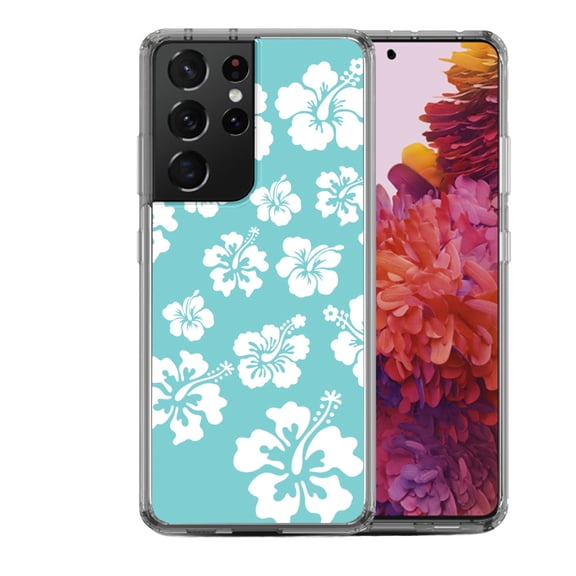 Shockproof Hybrid Bumper Phone Case for Samsung Galaxy S21 Ultra, by OneToughShield ® - Hibiscus Teal