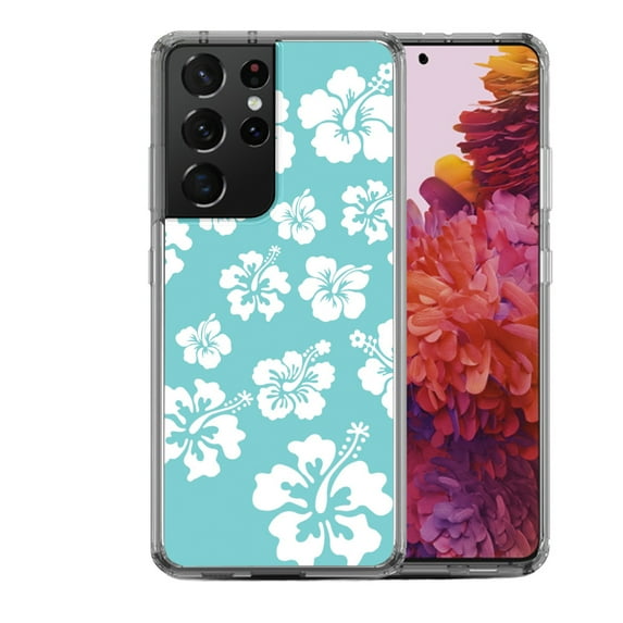 Shockproof Hybrid Bumper Phone Case for Samsung Galaxy S21 Ultra, by OneToughShield ® - Hibiscus Teal