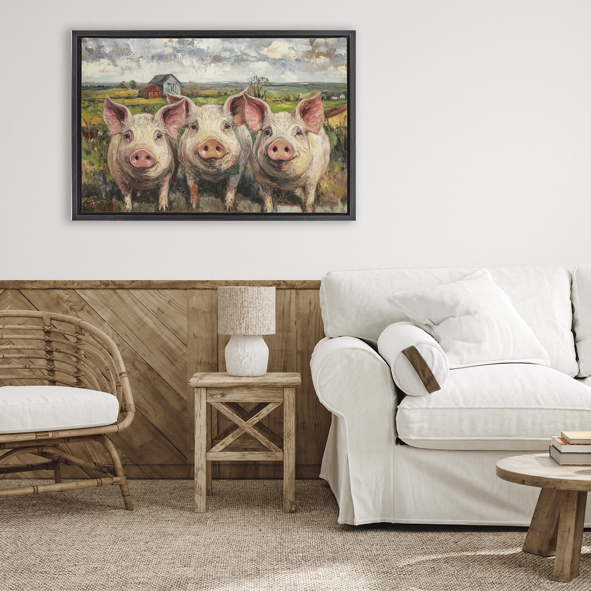 Stupell Industries Classic Barnyard Pigs in Countryside Black Framed Floater Canvas Wall Art, design by Petal Prints Design