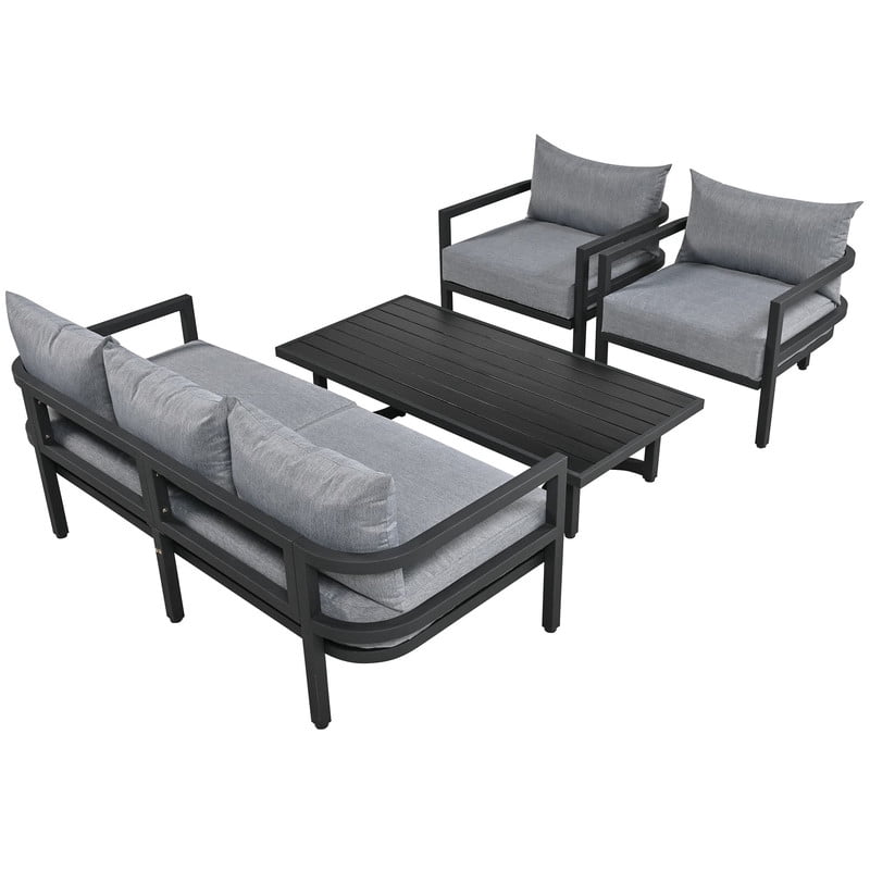 4-Piece Steel Frame Outdoor Sectional Sofa Set with Coffee Table, Patio Conversation Set with Cushions, Patio Furniture Set for Garden, Lawn & Backyard