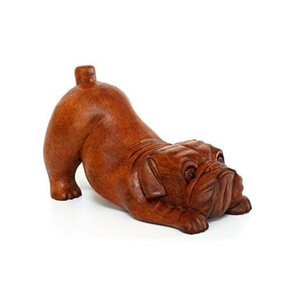 G6 Collection Wooden Hand Carved Crouching Bulldog Statue Figurine Sculpture Art Decorative Rustic Home Decor Accent Handmade Handcrafted Wood Decoration Gift Dog Artwork