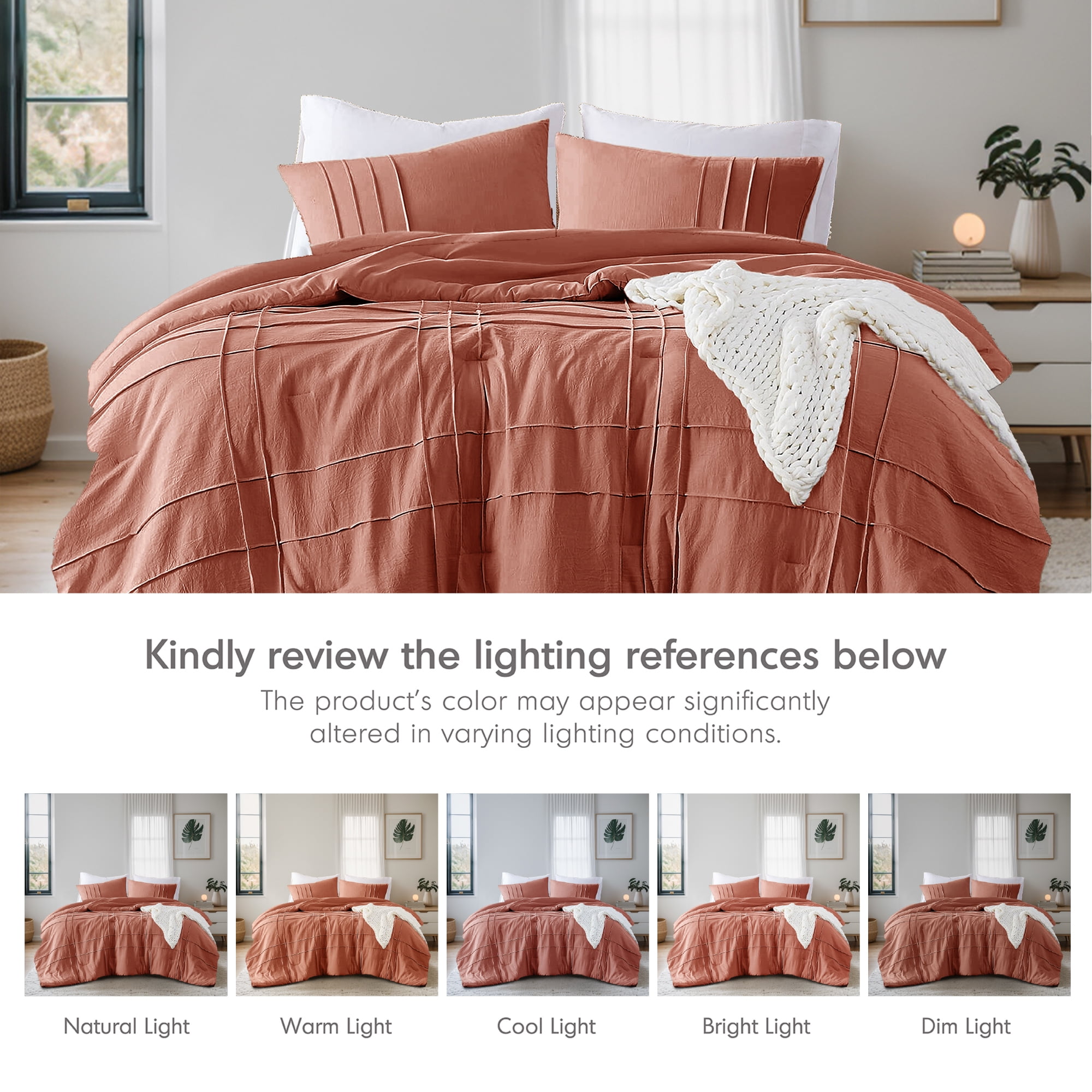 Regency Heights Full/Queen Comforter Set, Boho 3-Piece Pintuck Stitching Bedding Set, Soft Washed Pleated Bed Sets with Pillow Shams, Burnt Orange