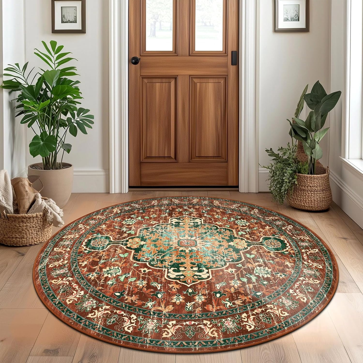 4 ft Round Area Rug, Yamaziot Boho Vintage Oriental Circle Carpet, Washable Non Slip Non Shedding Soft Faux Indoor Floor Mat Rug for Bedroom Living Room Sofa Office, Brown