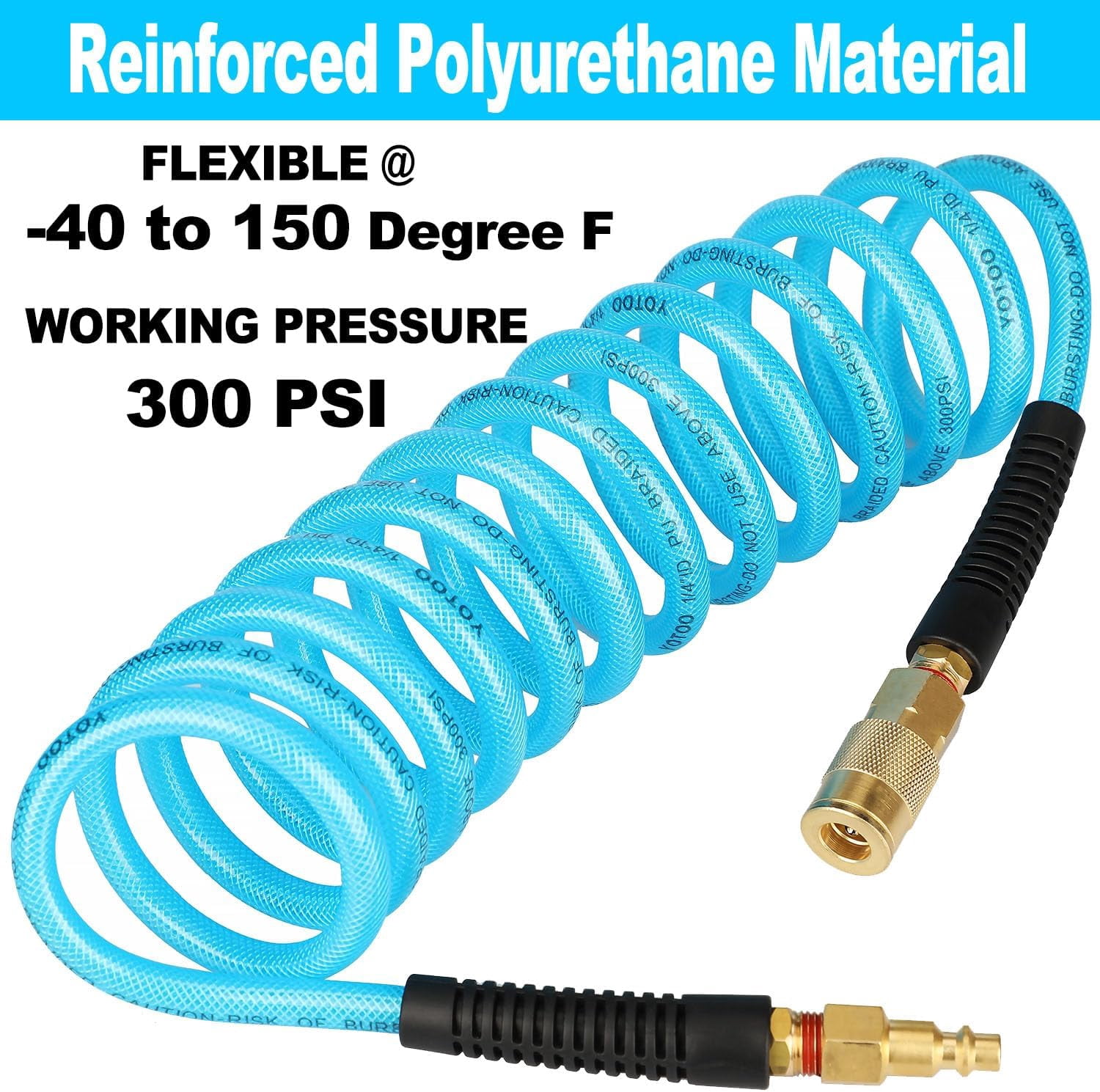 MKEUDQ-Reinforced Polyurethane Recoil Air Hose 1/4" Inner Diameter by 10' Long, Heavy Duty, Flexible Air Compressor Hose with Bend Restrictor, 1/4" Swivel Industrial Quick Coupler and Plug, Blue