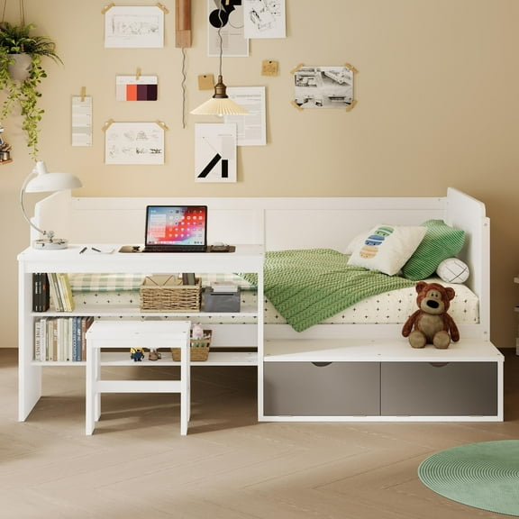 MODERNLUXE Twin Size Daybed with Stool,Wooden L-Shaped Platform Bed Frame with 2 Shelves and 2 Storage Cabinets, White