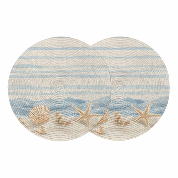 Nautical Coastal Round 13 Inch Placemats Set of 2, Ocean Beach Starfish Shells Conch Waves Beige HeatResistant Non Slip Place Mats for Dining Table, Wipeable Kitchen Table Mats for Housewarming