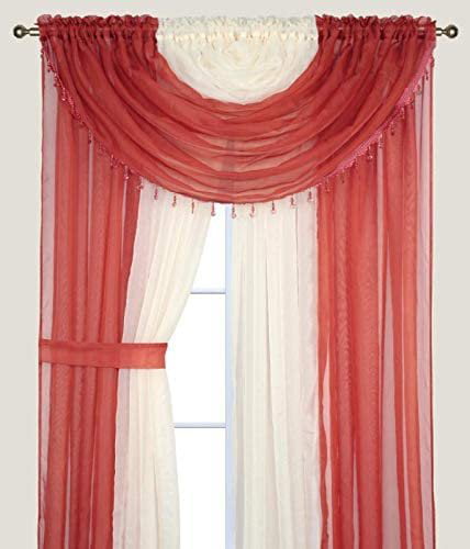 2 Attached Valances with Beads 2 Tieback Sheer Floral Curtain Panel Set 
