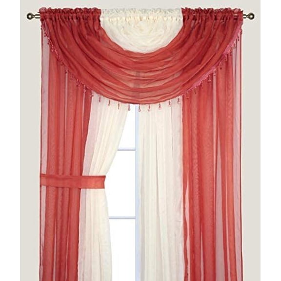 Sapphire Home Complete Window Sheer Curtain Panel Set with 4 Attached Panels 55x63 Each and 2 Valances with Beads and 2 Tiebacks - Easy Installation - Multicolor Brick and Beige