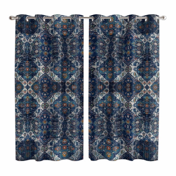 Geometric Navy Kitchen Curtains 63 Inch Length, Blue Contemporary Country Boho Flower Grommet Top Bedroom Living Room Curtains, Light Filtering Cafe Curtain Drapes 2 Panels Set 84''x63''
