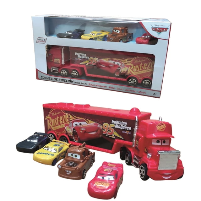 Carro de Fricción de Juguete Cars set nodriza con 4 carros de fricción y 1 trailer de fricción Rojo -