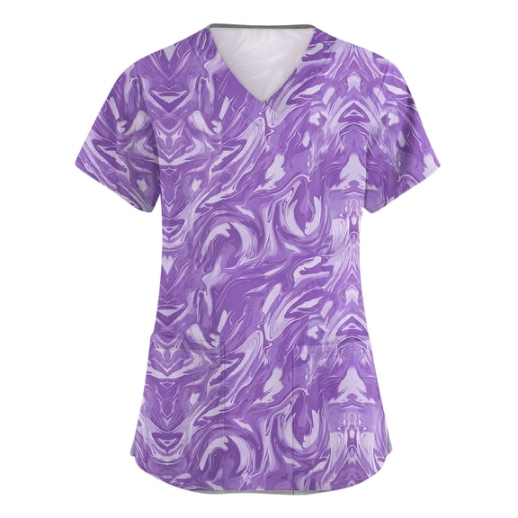Delconic Printed Scrub Tops Women Short Sleeve V Neck Plus Size Scrubs for Womens Nursing Uniforms Shirts with Pockets Black L