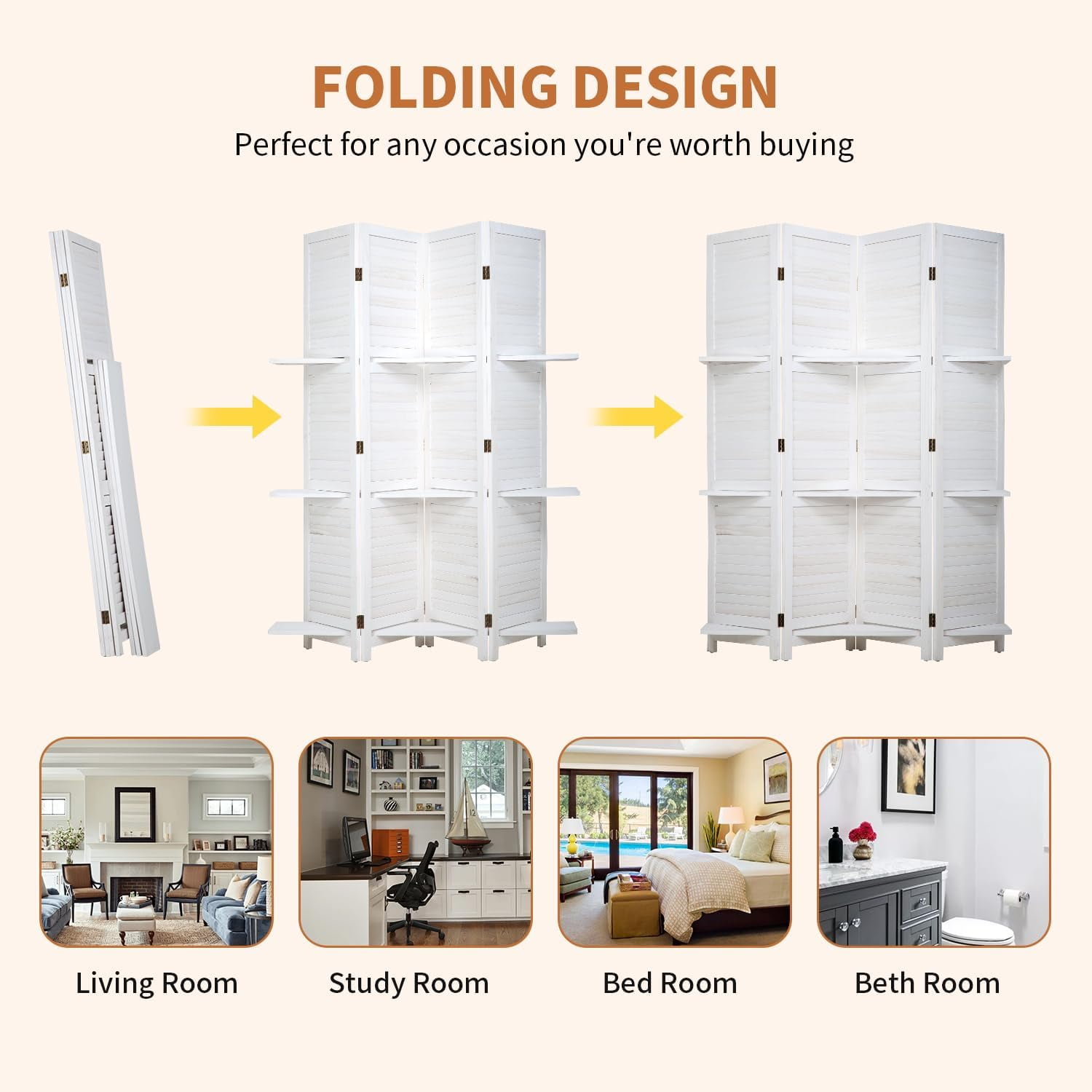 4 Panels Room Divider with Shelves - Folding Privacy Screen & Room Partition Separation for Home Office, Study, Art Display | Wooden Separator Wall for Adults & Families (White)