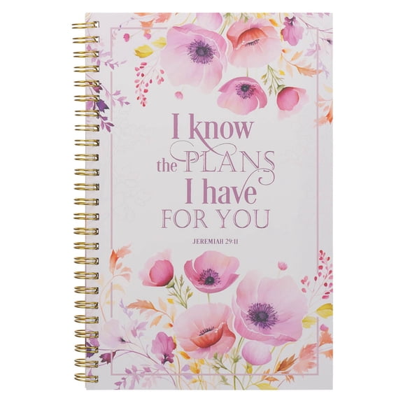 Christian Art Gifts Spiral Notebook, I Know the Plans - Jer. 29:11 Bible Verse, Prayer Journal, Flexible Cover, Lined Paper for Writing, 128 Pages w/ Scripture, 8.5" x 5.9" x 0.6"