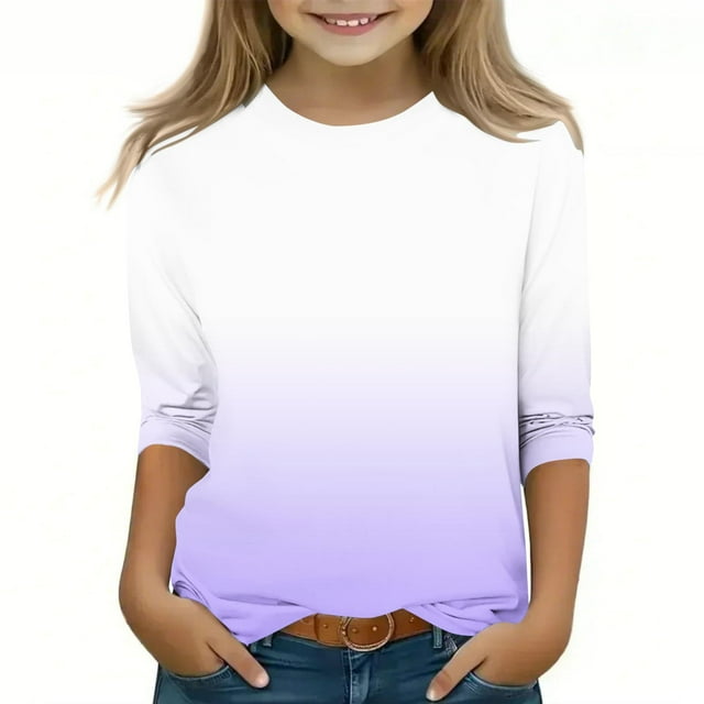 Cowsor Kids' Gradient Color 3/4 Sleeve Top – Round Neck, Casual for 1-12Y