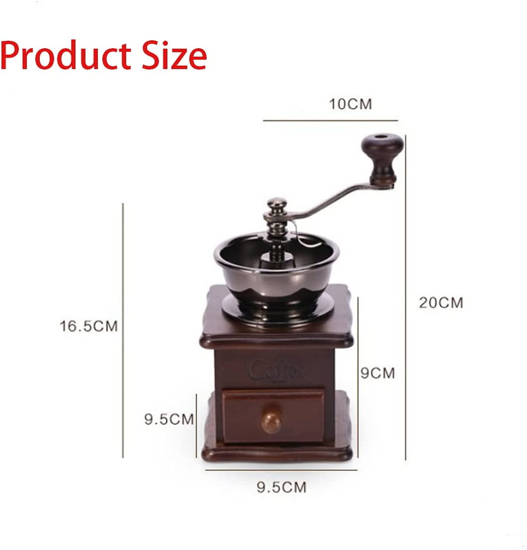 Wooden Manual Coffee Grinder Vintage Style Hand Coffee Mill Burr Coffee Grinder with Ceramic Hand Crank,Wooden Manual Coffee Grinder Cleaning Brush, Brown, 19 x 8.5 x 16 cm