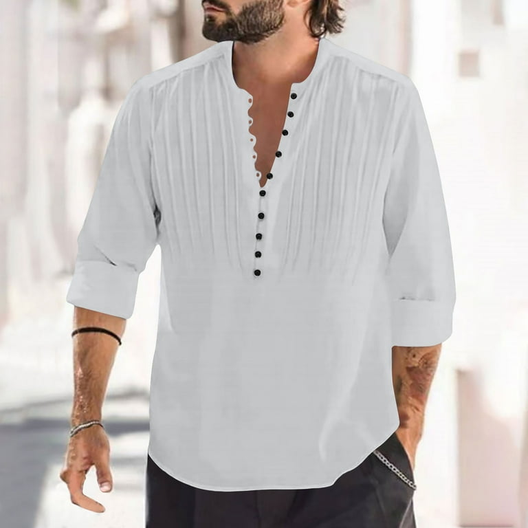 WREESH Mens Cotton Linen Shirts Fashion Low Cut Tops Classic V