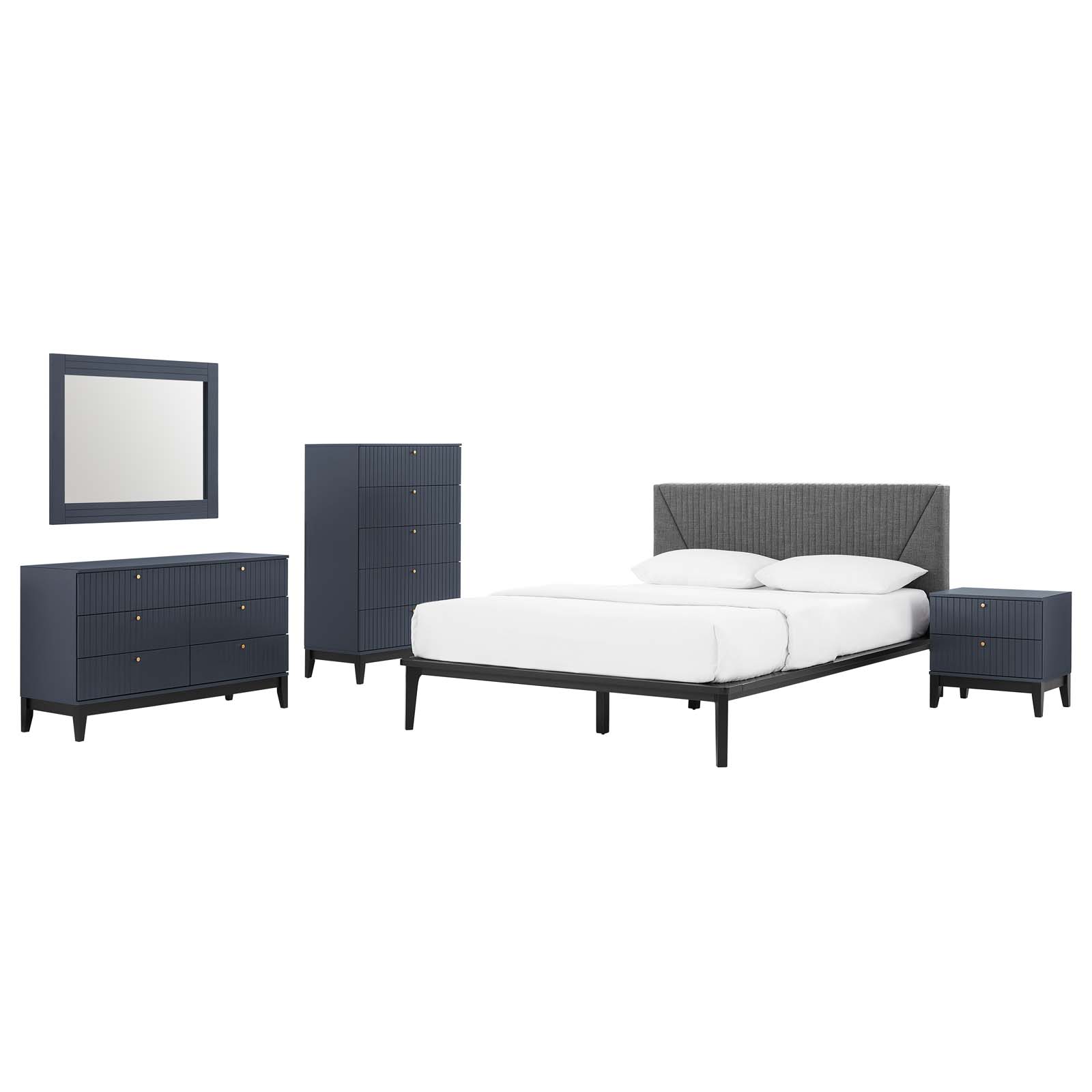 Platform Bed Dresser Chest Nightstand Set, Queen Size, Blue, Wood