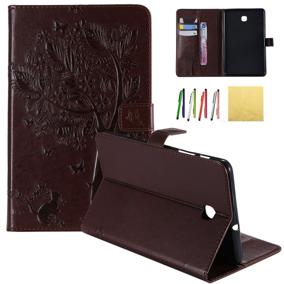 Galaxy Tab A 8.0 2018 Case, Allytech Embossed Cat & Tree PU Leather Stand Folio Wallet Case Cover with Credit Card Slots for Samsung Galaxy Tab A 8.0 (Model: SM-T387), Coffee