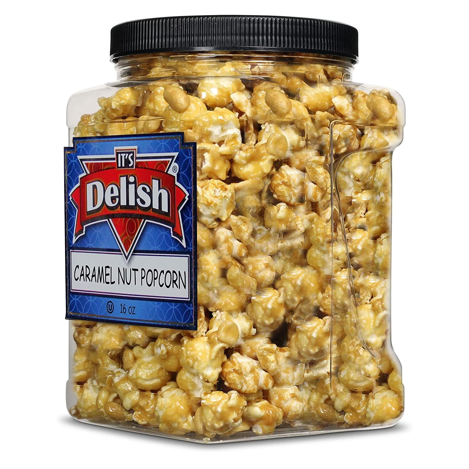 Gourmet Caramel Nut Popcorn with Peanuts by Its Delish, 16 OZ Jumbo Container  Caramel Air Popped Sweet Crunchy Glazed Carmel Corn With Nuts Snack, Movie Night, Parties - Gluten Free, Vegan, Kosher