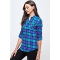 thumbnail image 3 of BodiLover, Women's, Long Sleeves Roll Up Button Up Plaid Shirt with 2 Breast Pockets, Blue Teal, L, 3 of 4
