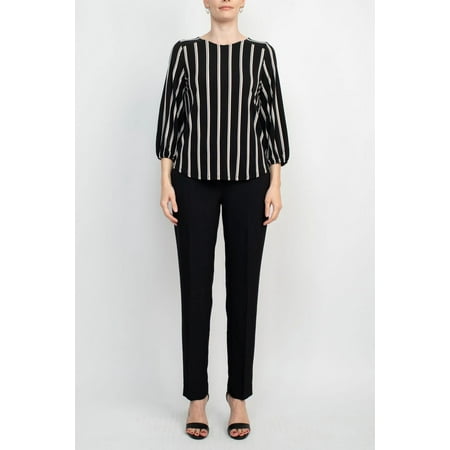 Adrianna Papell Crew Neck Long Sleeve Elastic Cuff Multi Print Keyhole Back Button Closure Knit Top-BLACK CHAMPAGNE / L