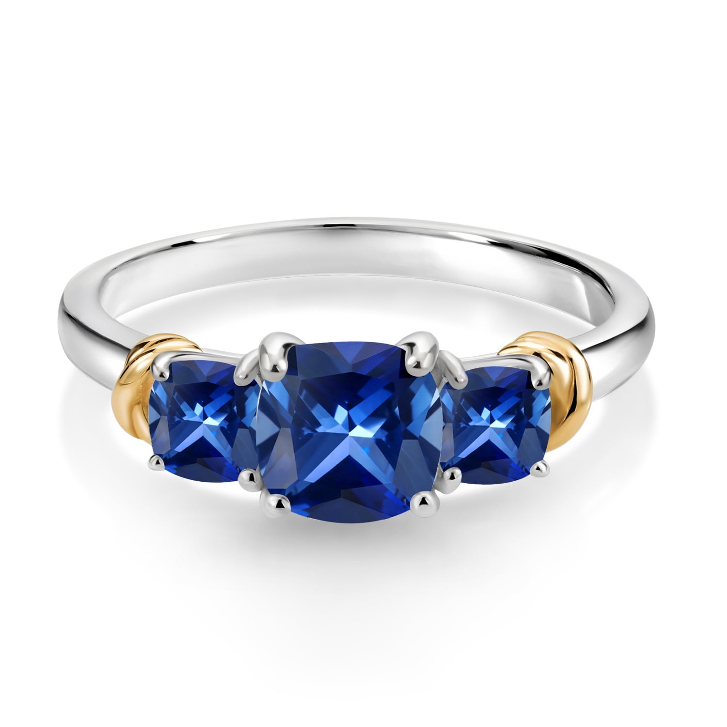 Gem Stone King 925 Sterling Silver and 10K Yellow Gold Blue Created Sapphire 3 Stone Engagement Ring for Women (1.69 Cttw, Cushion Cut 6MM and 4MM, Available in Size 5, 6, 7, 8, 9)