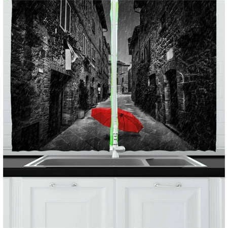 Black And White Panels Black and White Curtains 2 Panels Set, Red Umbrella on a Dark Narrow Street in Tuscany Italy Rainy Winter, Window Drapes for Living Room Bedroom, 55W X 39L Inches, Grey Vermilion, by Ambesonne ()