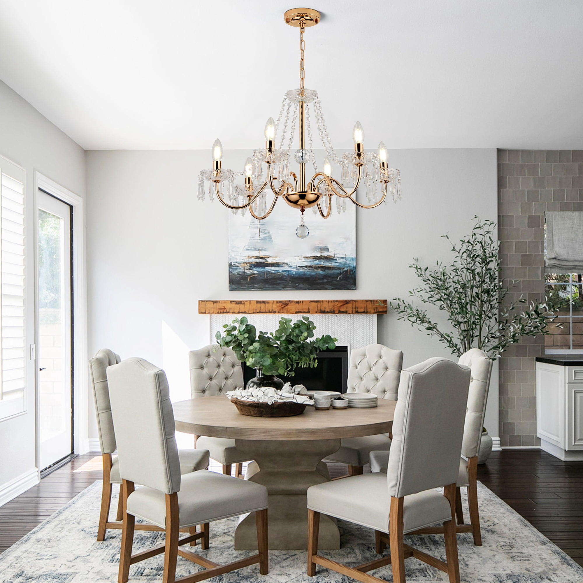 Crystal Chandelier,Gold Pendant Lighting for Living Room 6 Hanging Ceiling Fixture for Wedding,Kitchen,Dining,Foyer,H 18.5" x W 21.3"