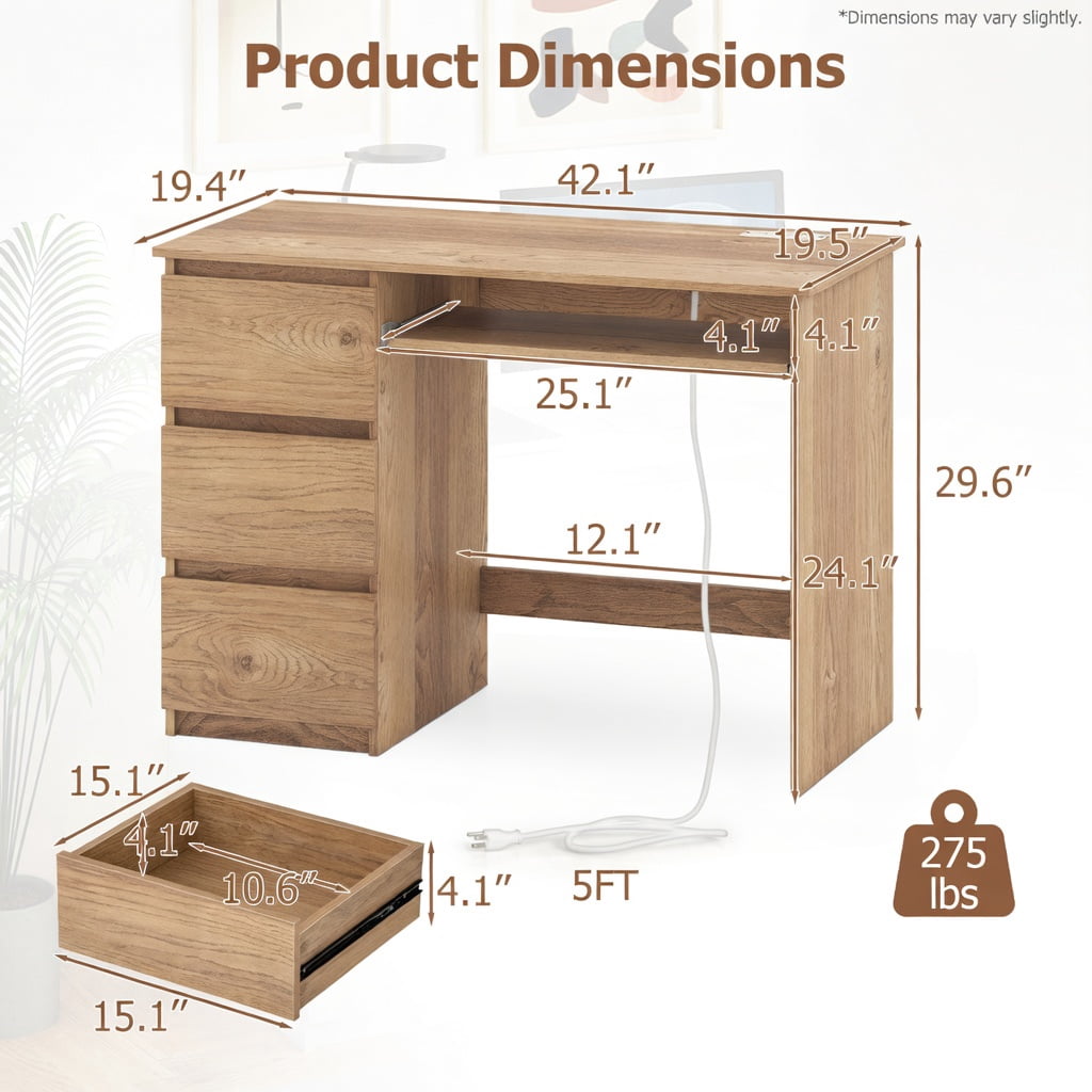 Spaco Computer Desk with Power Outlet Keyboard Tray and 3 Large Drawers-Natural,