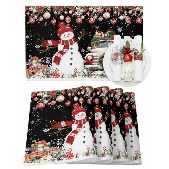 Christmas Placemats Set of 6, Snowman Christmas Ball Place Mats Red Truck Holly Berry Wreath Placemat Table Decoration for Kitchen Table Dinner Xmas Holiday Party Decor Indoor Outdoor 13x19 Inch