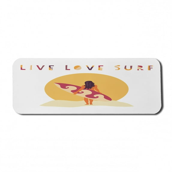 Graphic Beach Computer Mouse Pad, Live Love Surf Text and Girl with Surfboard, Rectangle Non-Slip Rubber Mousepad Large, 31" x 12" Gaming Size, Earth Yellow Beige, by Ambesonne