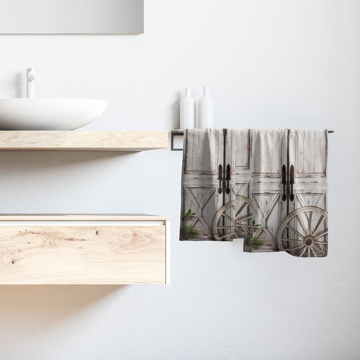 Rustic Wood Hand Towels Set of 2 Barn Door Dish Towels Soft Absorbent Decorative Fingertip Bath Towel for Bathroom Gym Hotel Home