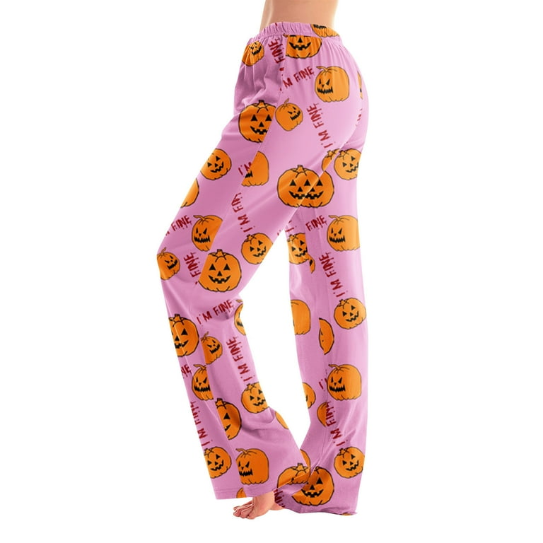 Women's Halloween Pajama Pants with Pumpkin Print, Soft Lounge Sleepwear Bottoms, Elastic Waist, Comfortable Fit Pjs Sleep Bottoms,Pink M