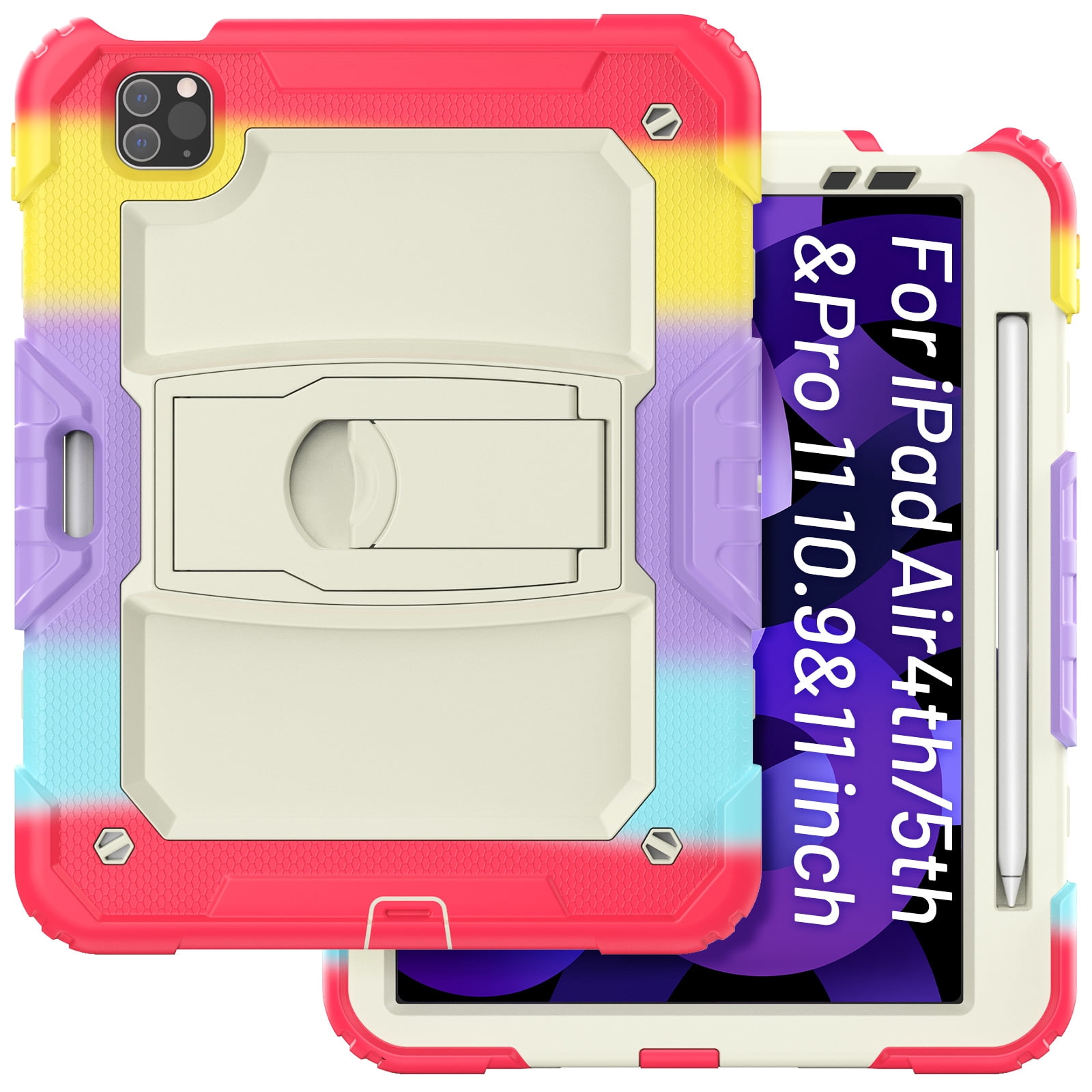 Allytech Shockproof Case for Apple iPad Pro 12.9 Inch 2022/2021/2020/2018(6th/5th/4th/3rd Gen) with Pencil Holder, Rugged Kickstand Shoulder Strap Kids Case with Screen Protector,Colorful Rose