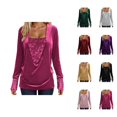 thumbnail image 1 of Hauts Scintillants pour Femmes Printemps 2026 Mode Y2K Manches Longues Col en V Velours Ample Patchwork T-Shirts Tenue Rave, 1 of 8