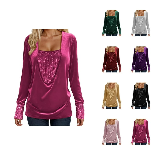 Hauts Scintillants pour Femmes Printemps 2026 Mode Y2K Manches Longues Col en V Velours Ample Patchwork T-Shirts Tenue Rave