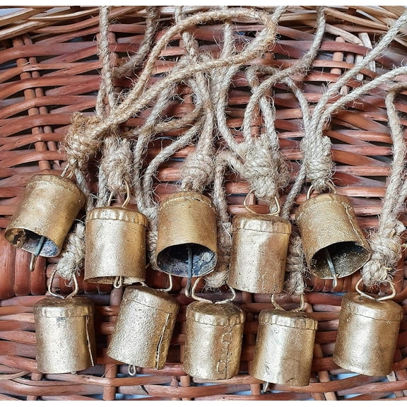 HIGHBIX 4cm Small Vintage Rustic Lucky Tin Metal Cow Bells Handmade Christmas Décor Bells on Jute Rope (10, Cylinder)