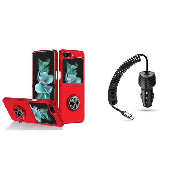 BEMZ Magnetic Holder Polycarbonate Case for Galaxy Z Flip 5 Bundle with 40W USB-C Car Charger (Type-C Port) - 5 Foot - Crimson Red