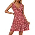 thumbnail image 2 of WTOBBY Women's Floral Print Pleated Hem Dress V-Neck Sleeveless Casual Summer Dress with Wrap Waist Design for Evening Outings and Dinner Dates,VermilionS, 2 of 5