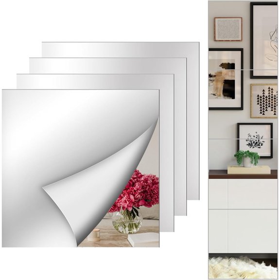 Self Adhesive Acrylic Mirror Tiles,12X12 Inch Unbreakable Mirror Tiles,Squares Flexible Mirror Wall Stickers Sheets,Frameless High Definition Mirror for Home Wall Gym Door DIY Decor (4pcs)