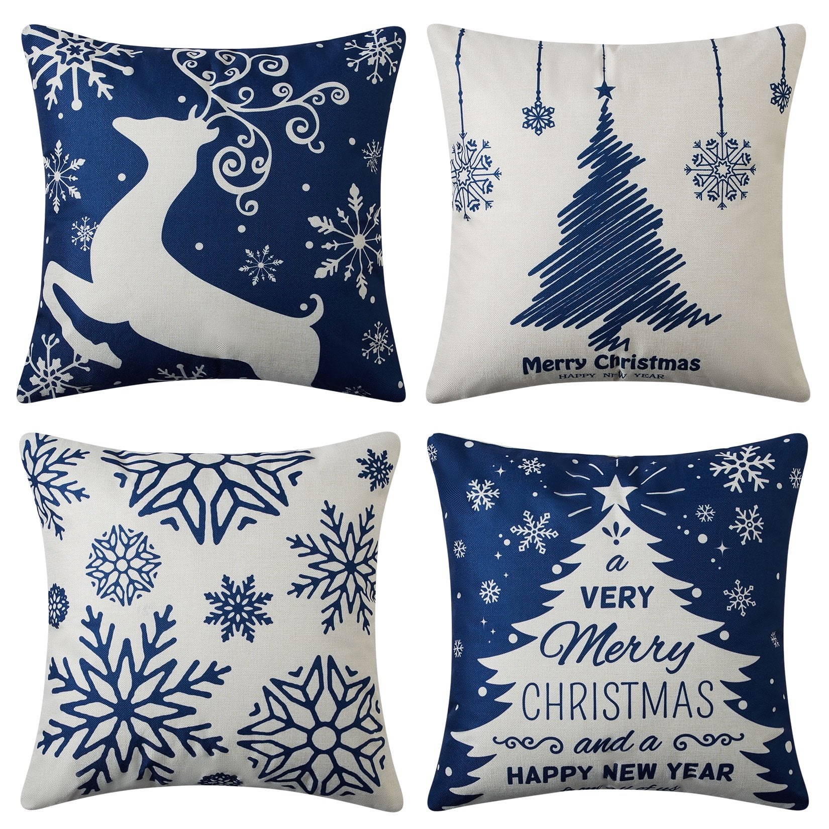 Merry Christmas Square 18 Throw Pillow Cover (Set of 4) Blue